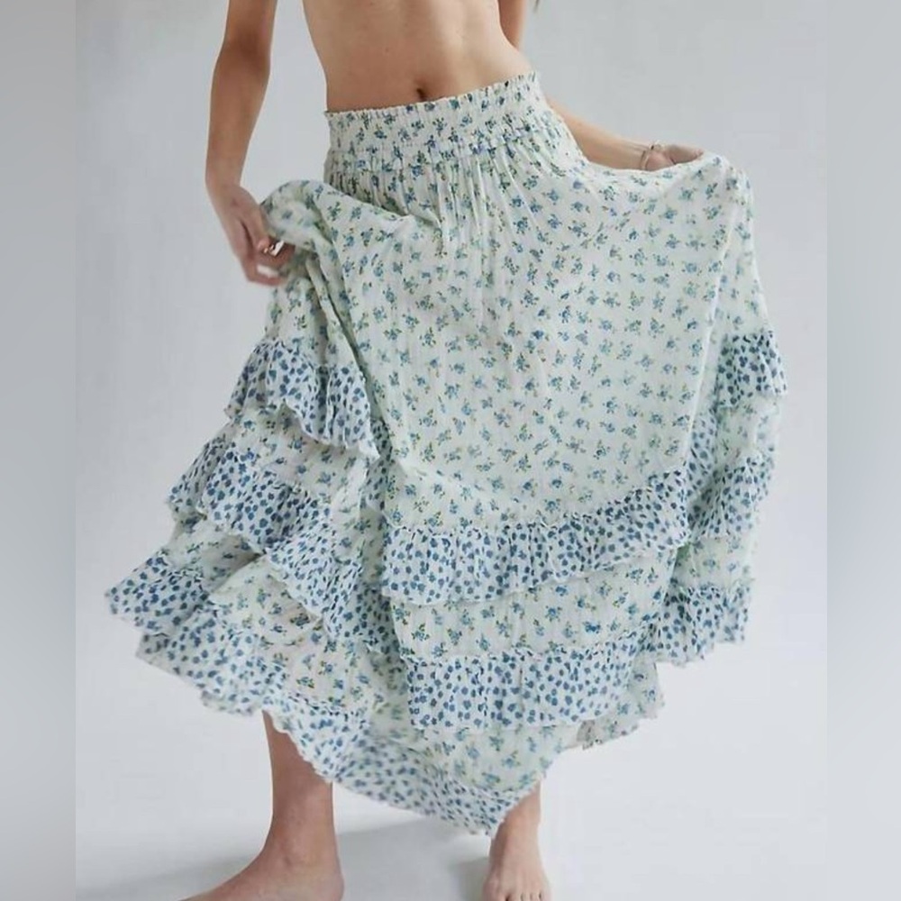 FREE PEOPLE brynn printed maxi skirt in ivory combo ditsy NWT